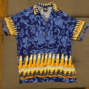 Corona Extra Beer Button Up Hawaiian Aloha Shirt Mens Size Medium Blue & Gold